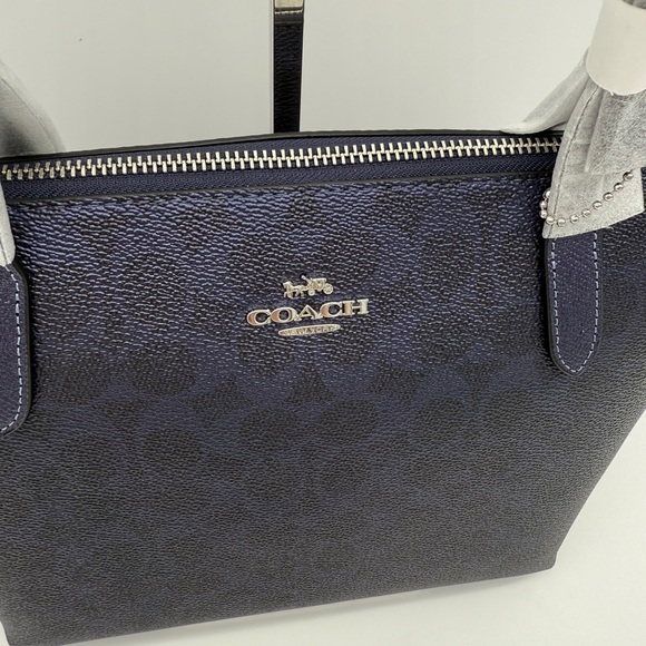 Coach Fiona Zip Tote Shoulder Bag In Signature Canvas Silver Blue Navy - Picture 3 of 12